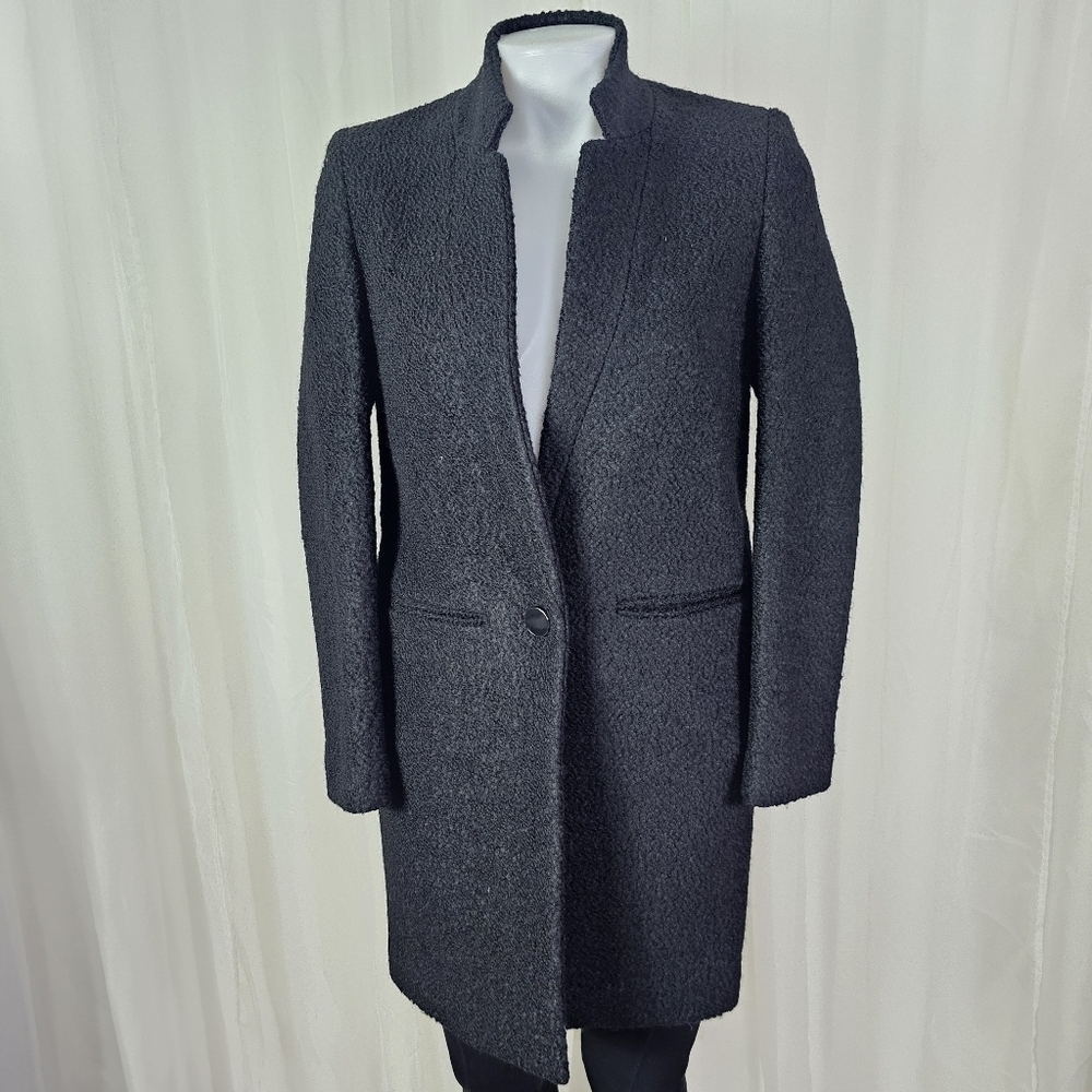 Gianni Feraud Elegant Black Textured Wool Boucle Coat Peaked Collar Size 6